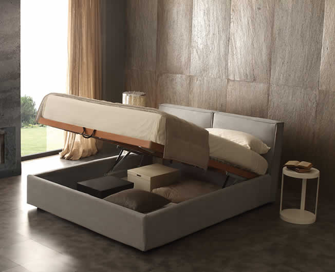Cube - Storage bed in leather with space-saving compartment and slatted bed frame