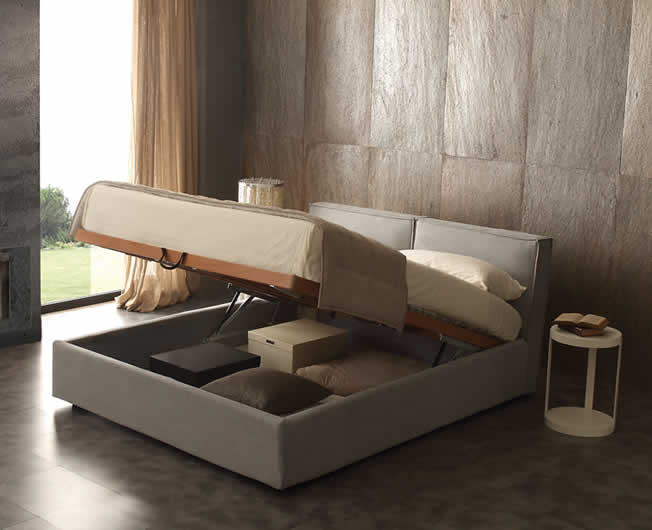 Cube - Letto contenitore in pelle con cassone salva-spazio e rete a doghe in legno