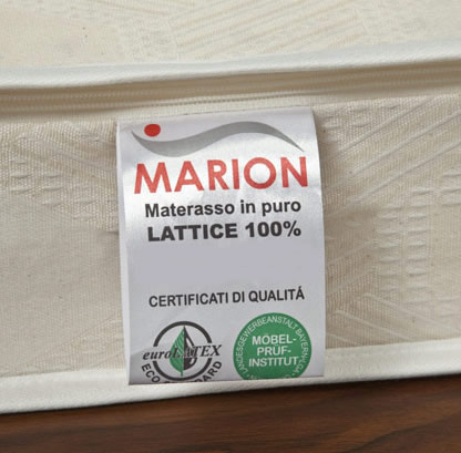 Certificazione di qualità del materasso Marion modello Olimpo in lattice 100% - Eurolatex, LGA, Morton Thiokol, OEKO-TEX